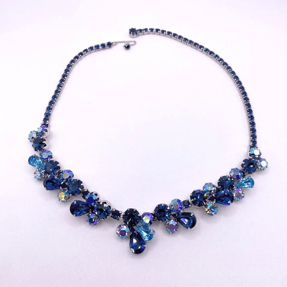 Weiss Stunning Vintage AB Royal Blue Rhinestones Necklace 16” - Picture 2 of 7